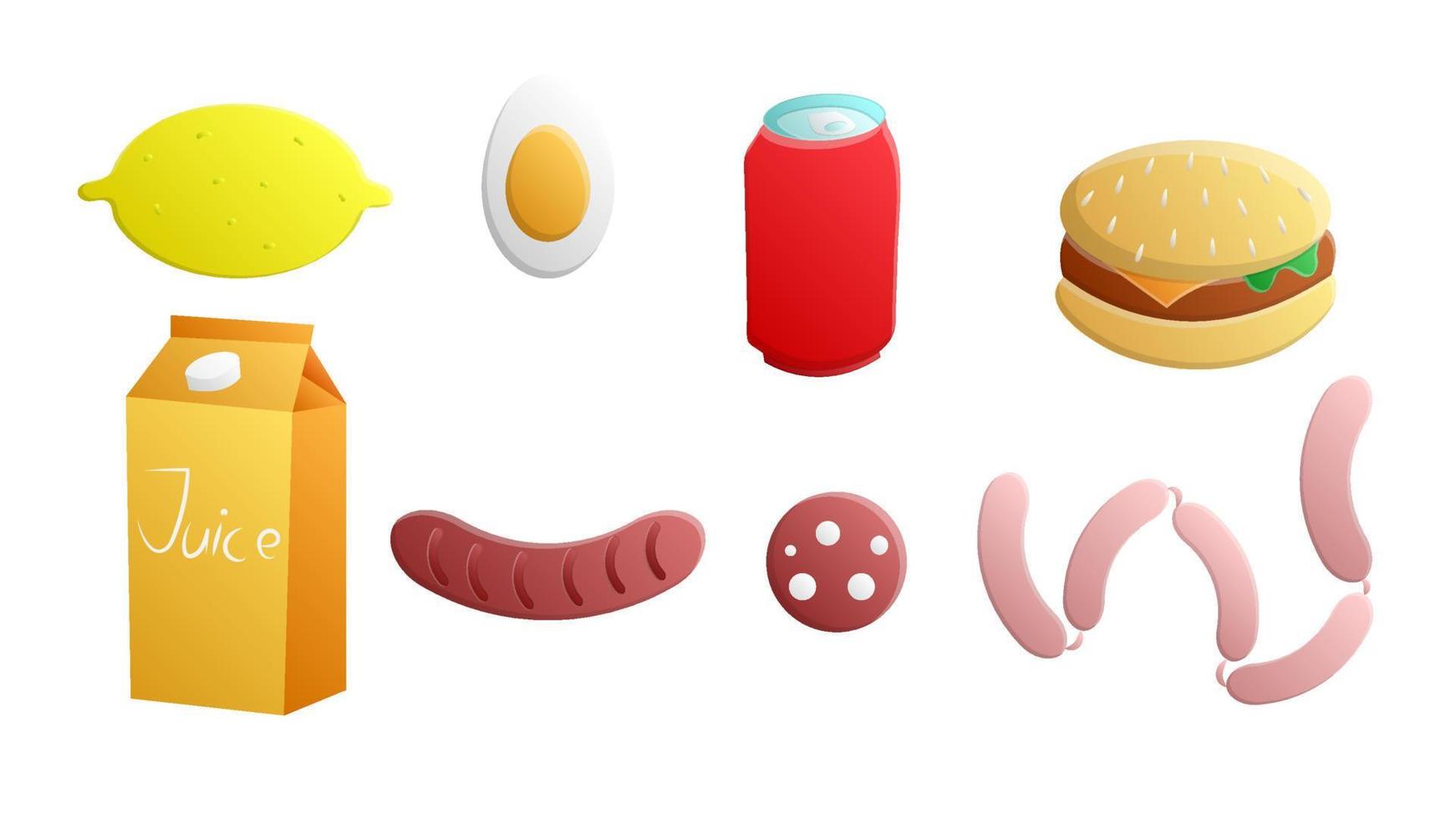 Set of eight icons of delicious food and snacks items for a cafe bar restaurant on a white background lemon, egg, soda, burger, juice, salami, sausages vector