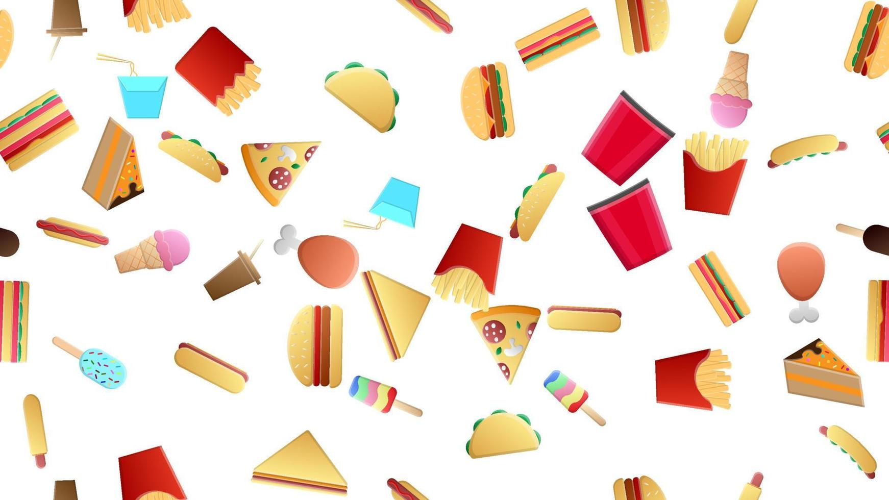 Endless white seamless pattern of delicious food and snack items icons set for restaurant bar cafe fries, hotdog, sandwich, cake, ice cream, popcorn, burger. The background vector