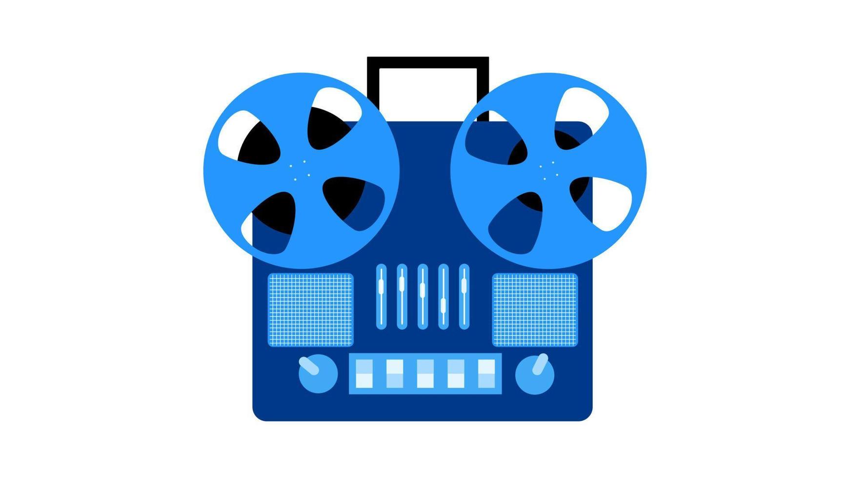 Old retro blue vintage music cassette tape recorder with magnetic tape on reels and speakers from the 70s, 80s, 90s. Beautiful icon. Vector illustration