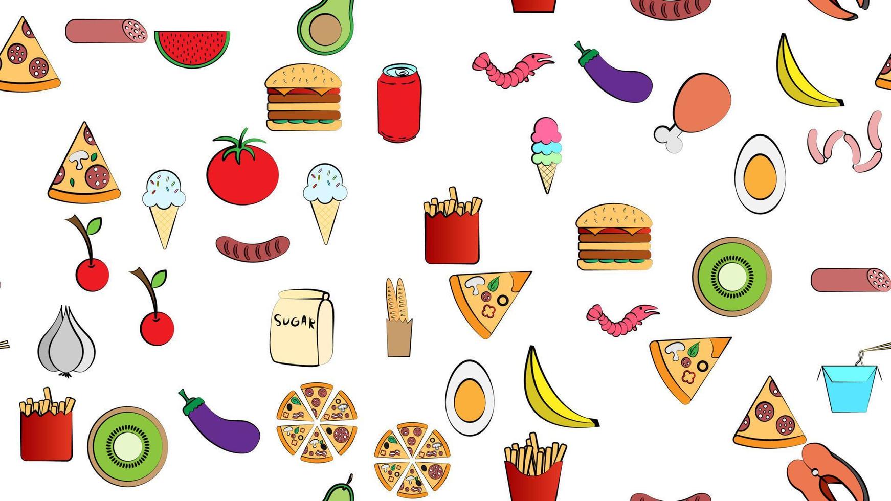 Endless white seamless pattern of delicious food and snack items icons set for restaurant bar cafe ice cream, burger, pizza, sausage, drink, egg, tomato, garlic, mango, watermelon. The background vector