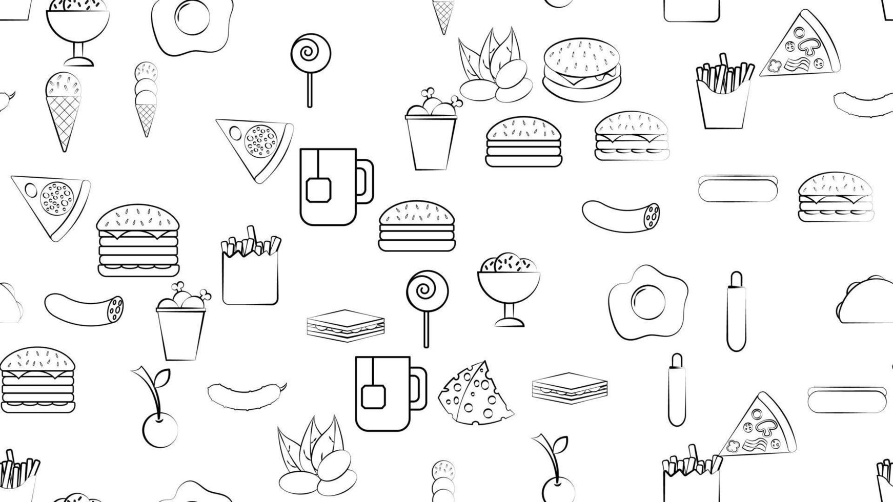 blanco y negro sin fin patrón de iconos de alimentos y bocadillos  establecidos para restaurante bar café hamburguesa, nueces, huevo,  salchicha, helado, pizza, burrito, dulces, té. el fondo 14062869 Vector en  Vecteezy