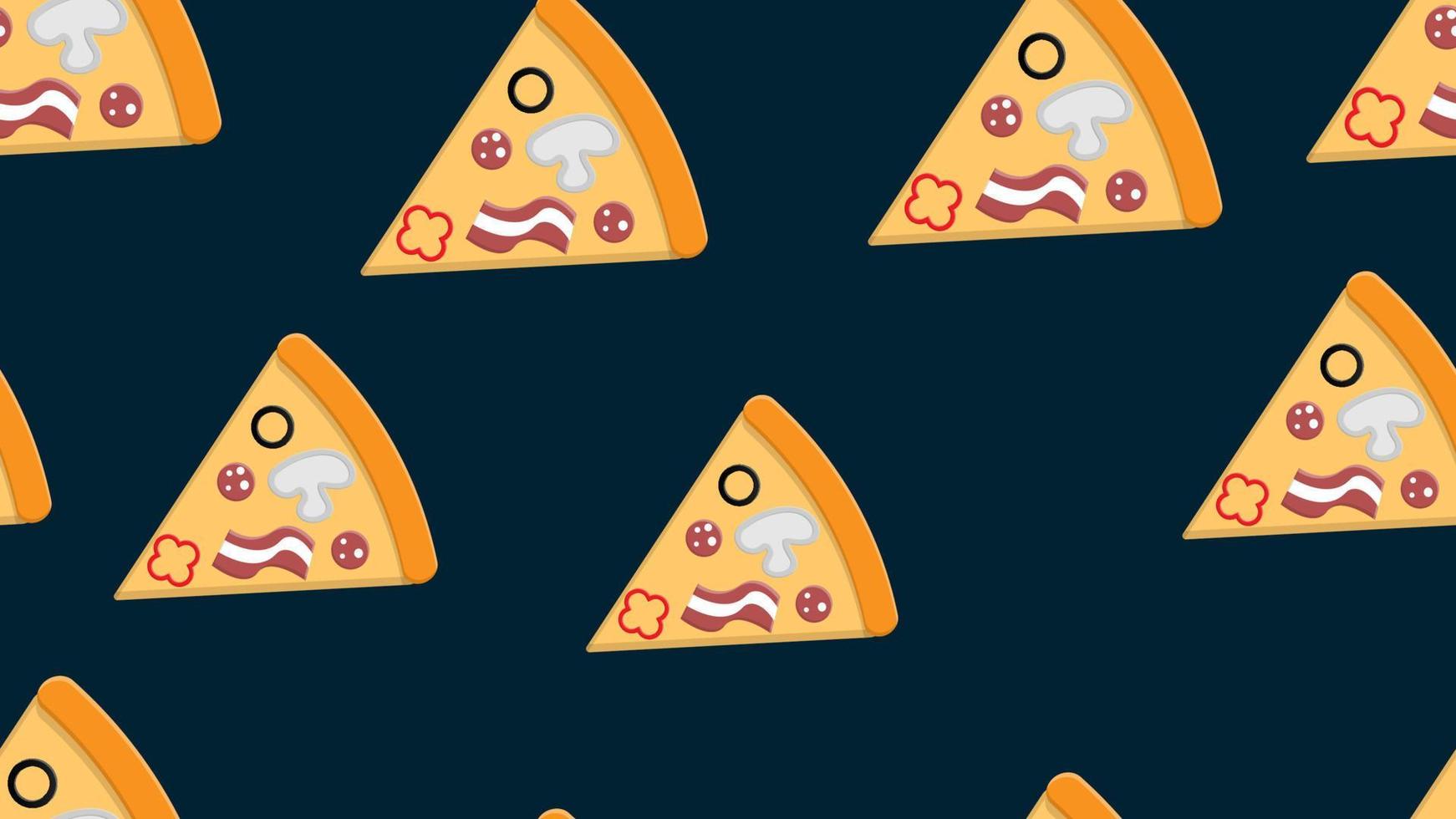 slice of pizza on thin dough, on a blue background, vector illustration, pattern. pizza stuffed with meat and herbs, cheese. design and decor of kitchen, wallpaper, fast food and catering