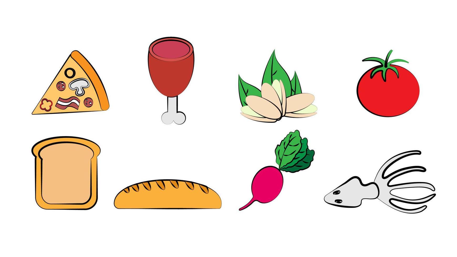 A set of eight icons of items of delicious food and snacks for a cafe bar restaurant on a white background pizza, meat, ham, pistachios, tomato, bread, loaf, radish, squid vector