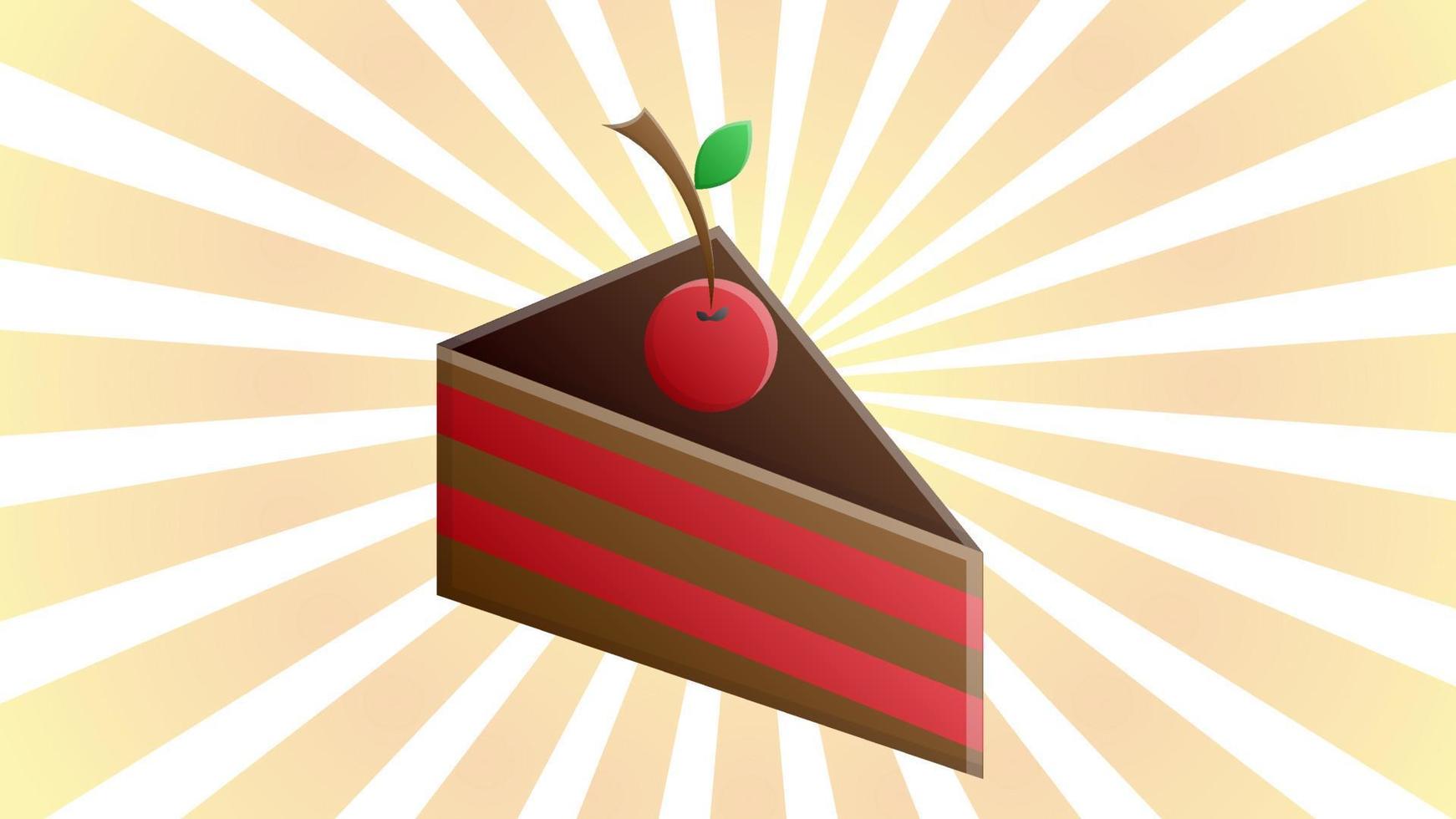 A piece of chocolate cake on white plate. Square dark chocolate sponge cake with confiture, cake sprinkles. Cherries and mint vector