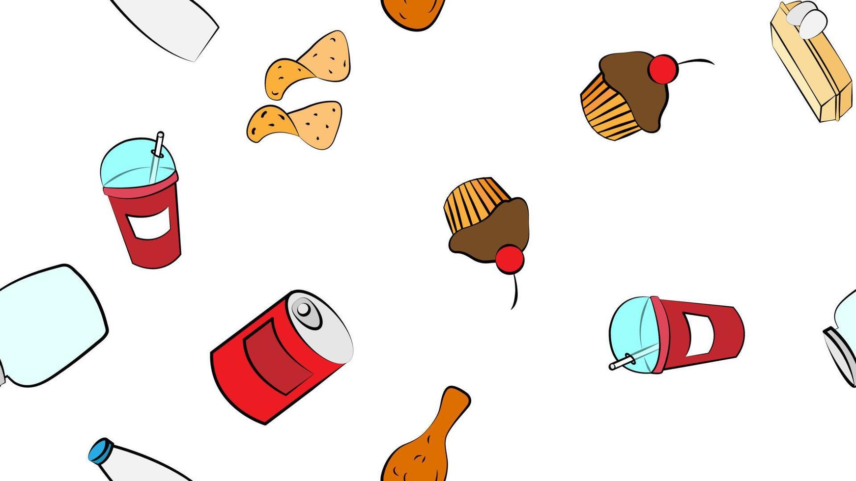 Endless white seamless pattern of delicious food and snack items icons set for restaurant bar cafe milk, can, cupcake, eggs, chicken, chips, soda, lemonade. The background vector