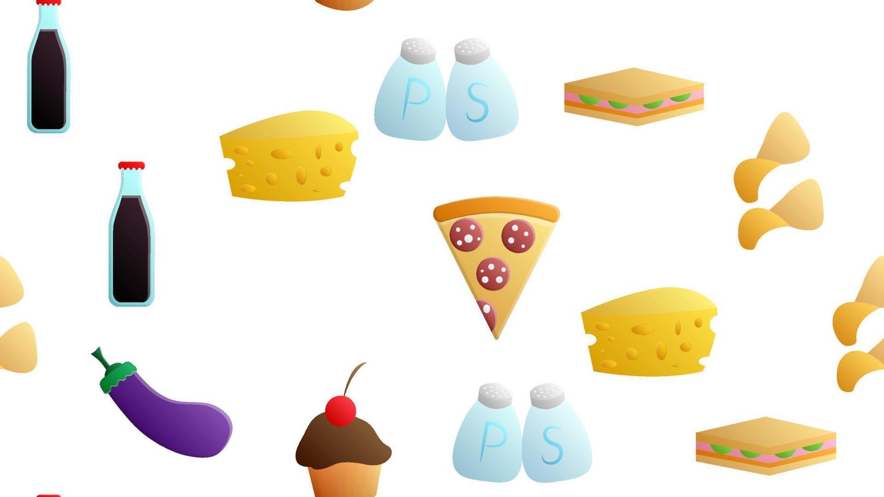 Endless white seamless pattern of delicious food and snack items icons set for restaurant bar cafe chips, cheese, eggplant, soda, salt and pepper, cupcake, pizza, sandwich. The background vector