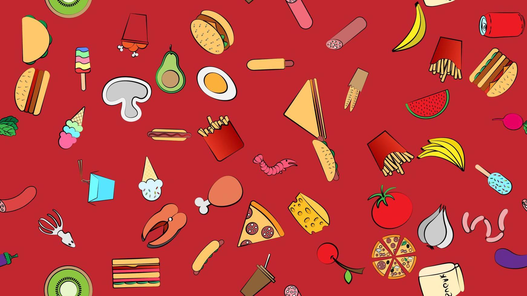 Endless red seamless pattern of delicious food and snack items icons set for restaurant bar cafe fast food, cheat meat, burger, pizza, hot dog, sandwich, fruits, vegetables. The background vector