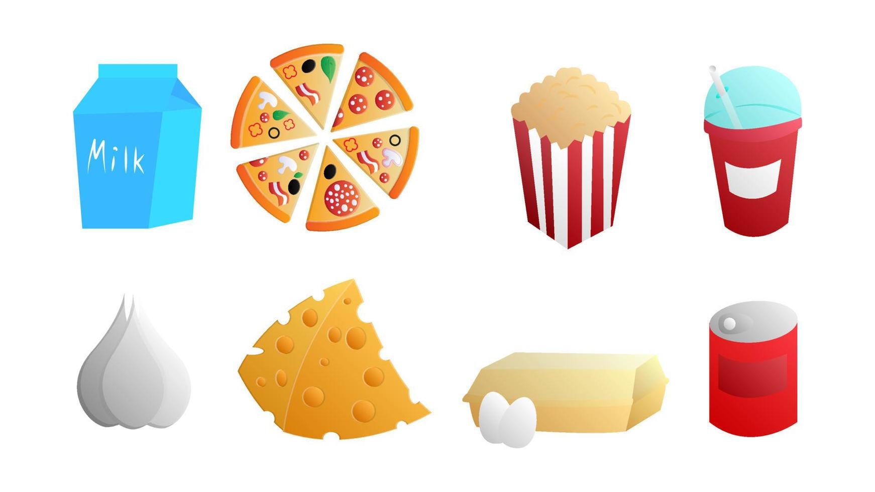 A set of eight icons of items of delicious food and snacks for a cafe bar restaurant on a white background milk, pizza, popcorn, cocktail, garlic, cheese, egg, canned food vector