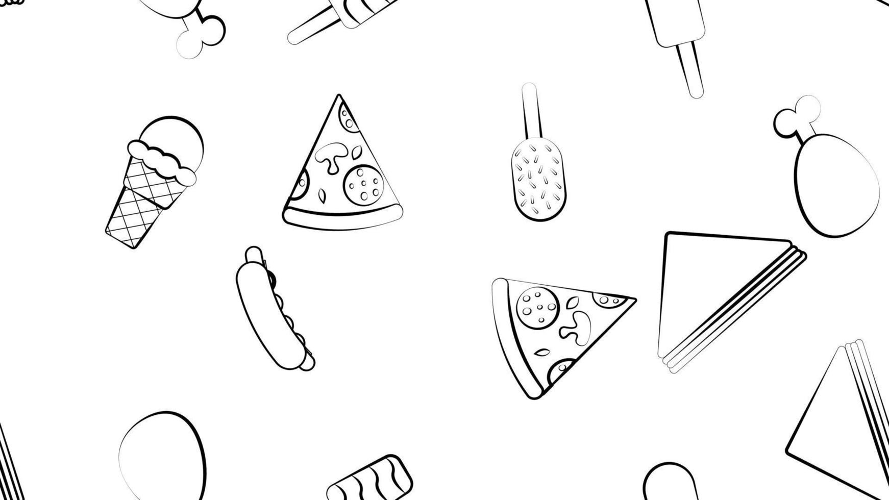 Black and white endless seamless pattern of food and snack items icons set for restaurant bar cafe hot dog, sandwich, ice cream, chicken, pizza. The background vector