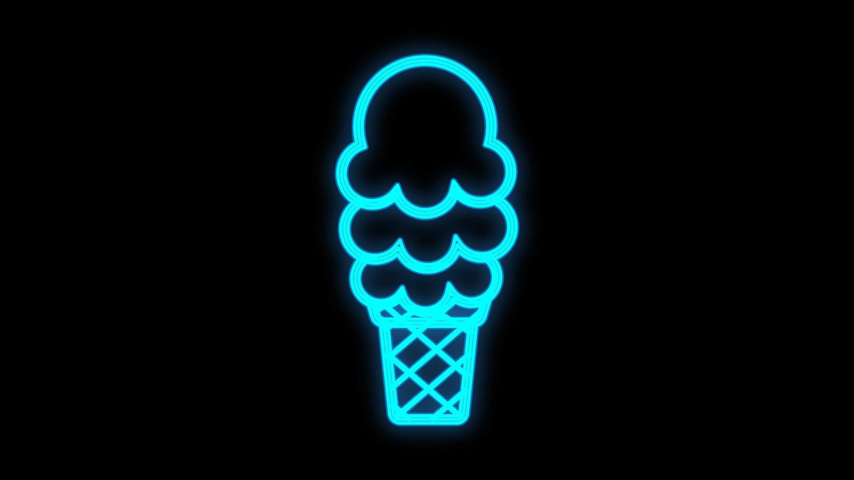 ice cream with balls in a waffle glass on a black background, vector illustration, neon. neon sign in blue. design of catering, restaurants and cafes