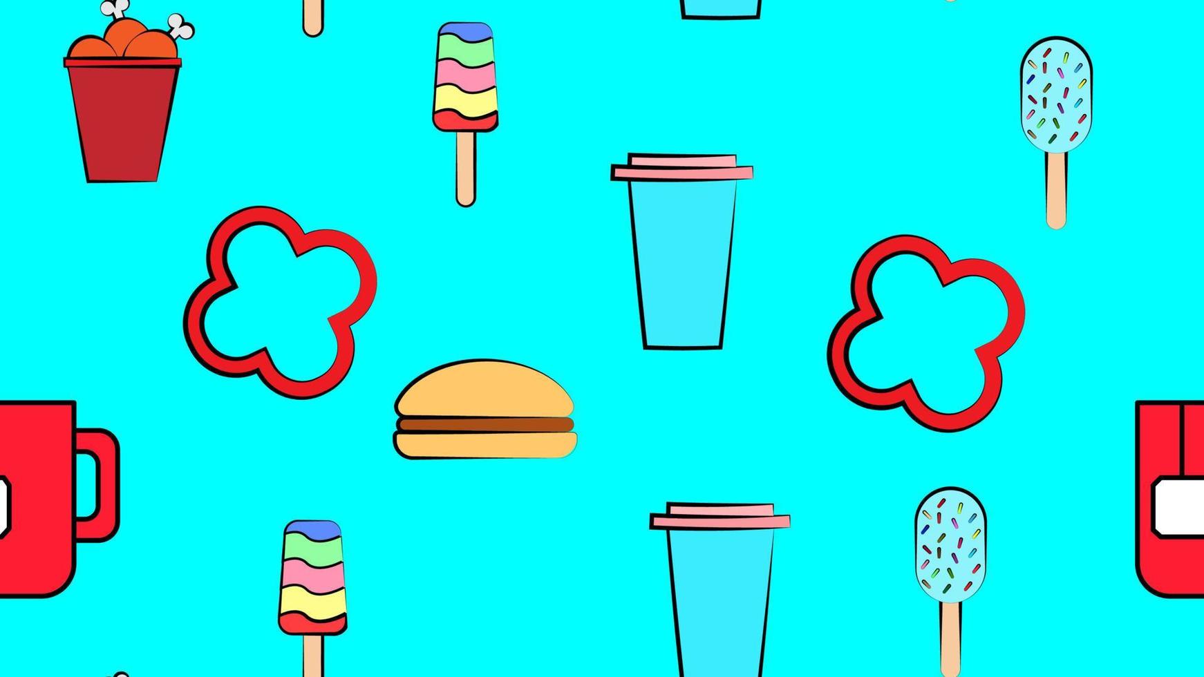 Endless blue seamless pattern of delicious food and snack items icons set for restaurant bar cafe ice cream, tea, bacon, jalapeno pepper, chicken, soda, burger. The background vector