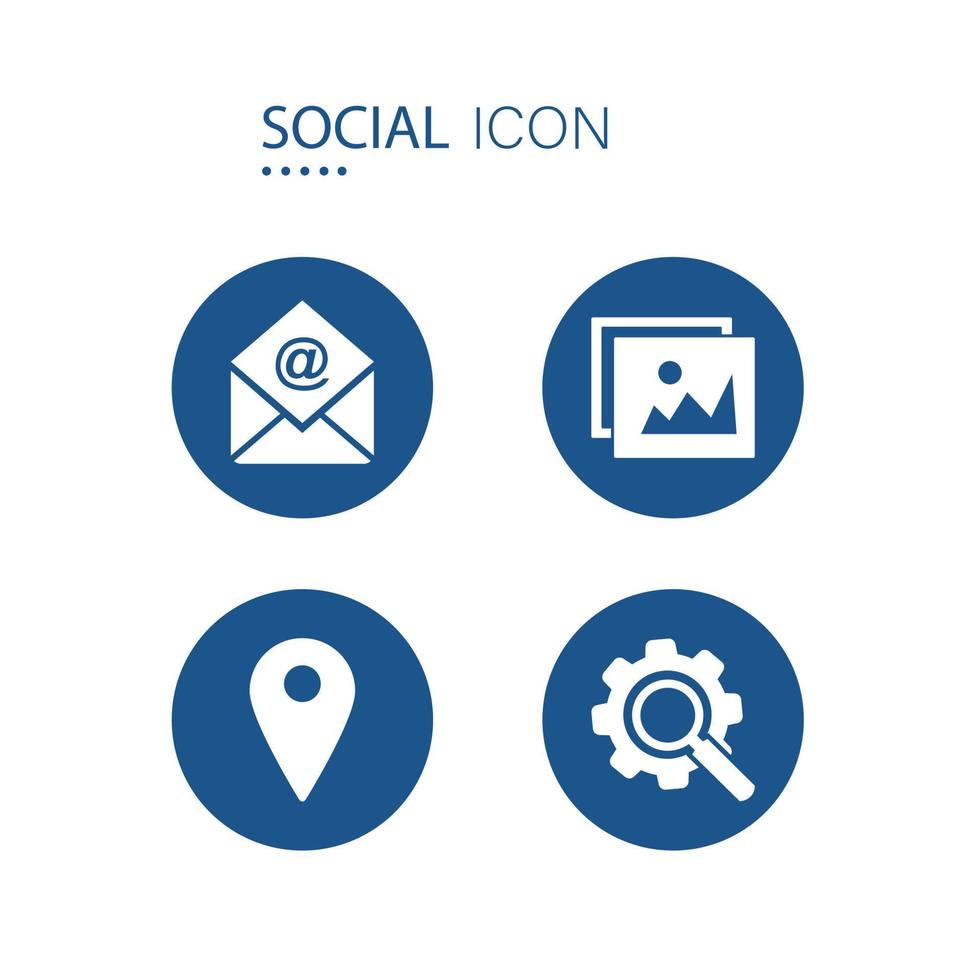 símbolo de correo electrónico, imagen, puntero de ubicación e iconos de búsqueda y configuración. 2 iconos en forma de círculo azul aislado sobre fondo blanco. iconos sobre ilustración de vector social.