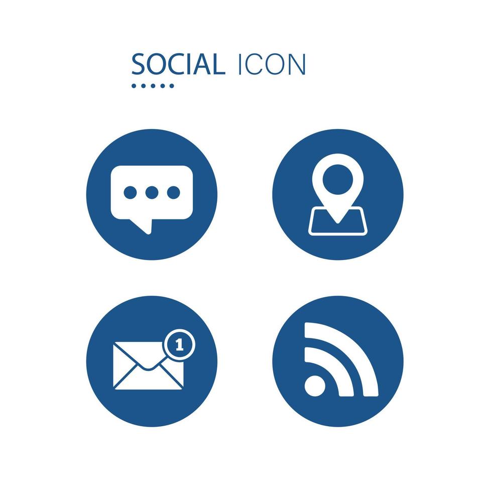 Symbol of Chat, Location pointer, Email message and Wifi icons on blue circle shape isolated on white background. Icons about social vector illustration.