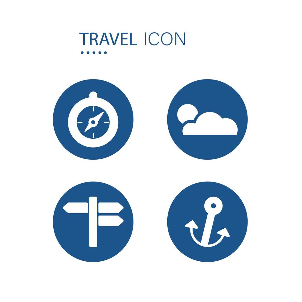 Symbol of Compass, Cloud and sun, Road signs and Anchor icons on blue circle shape isolated on white background. Travel icons vector illustration.