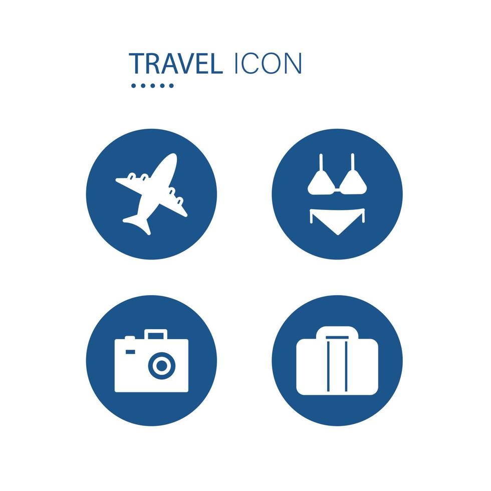 Symbol of Airplane, Bikini, Camera and Hand luggage icons on blue circle shape isolated on white background. Travel icons vector illustration.