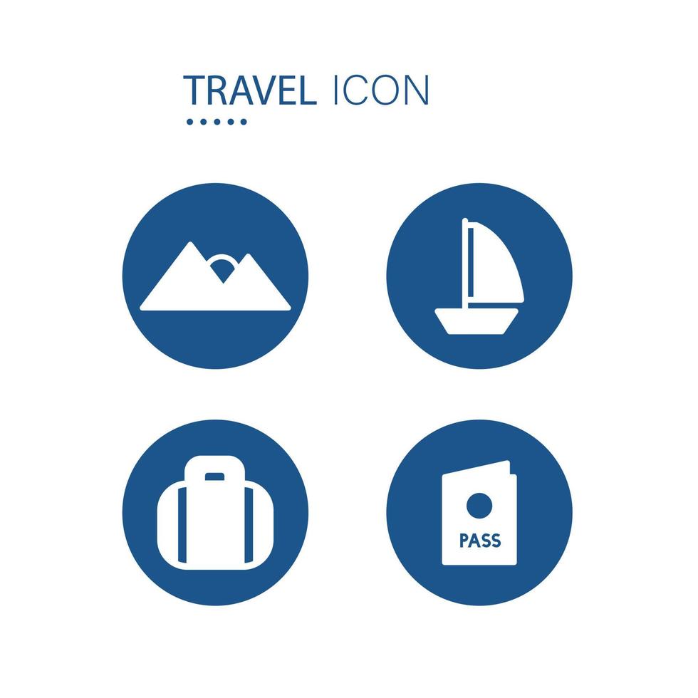 Symbol of mountain, sailboat, luggage and passport icons on blue circle shape isolated on white background. Travel icons vector illustration.