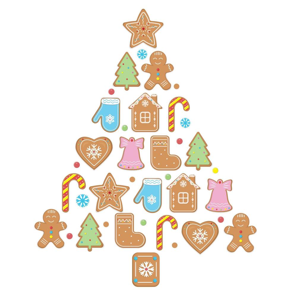 Christmas tree made of ginger cookies, color vector illustration in cartoon style