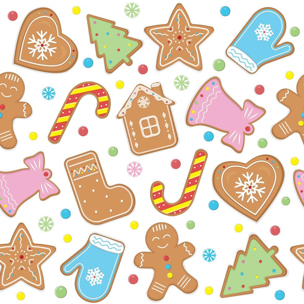 Gingerbread men, snowflakes and Christmas trees seamless pattern. Christmas or New Year background. Festive baked, cute design. vector
