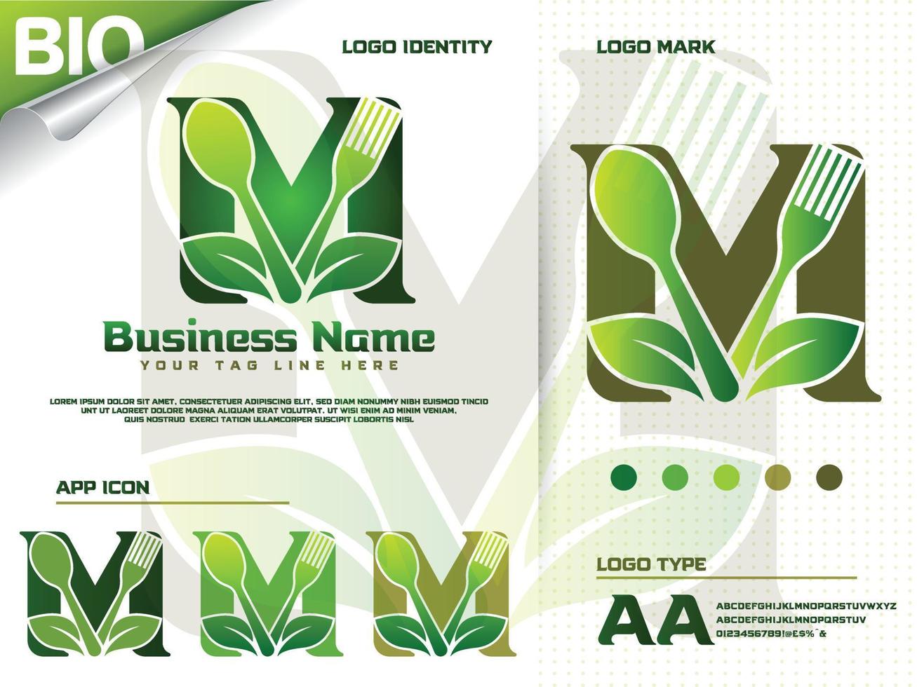 diseño de logotipo de letra m de alimentos saludables con hoja verde creativa vector