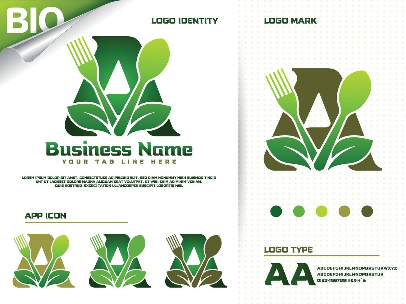 diseño de logotipo de letra a de alimentos saludables con hoja verde creativa vector