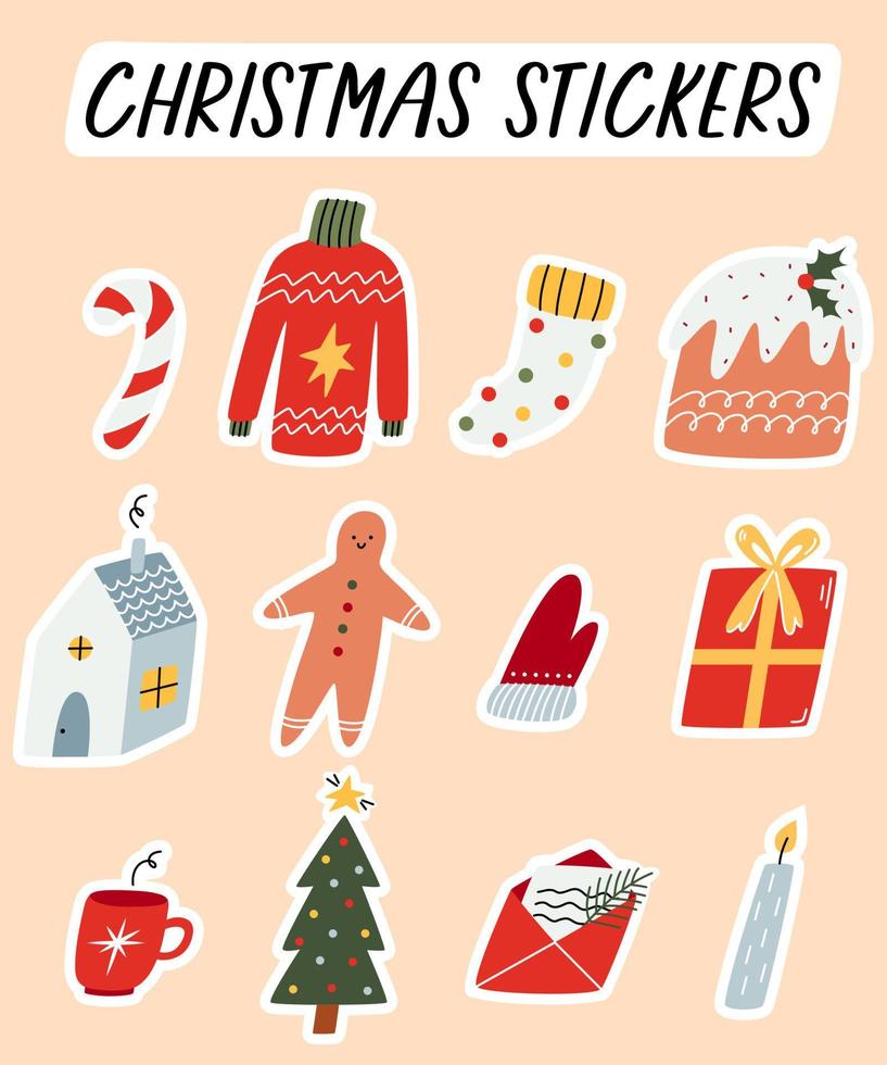 Christmas hygge stickers set. New year cute elements. Cozy warm winter. Vector cartoon hand drawn illustration for holiday.