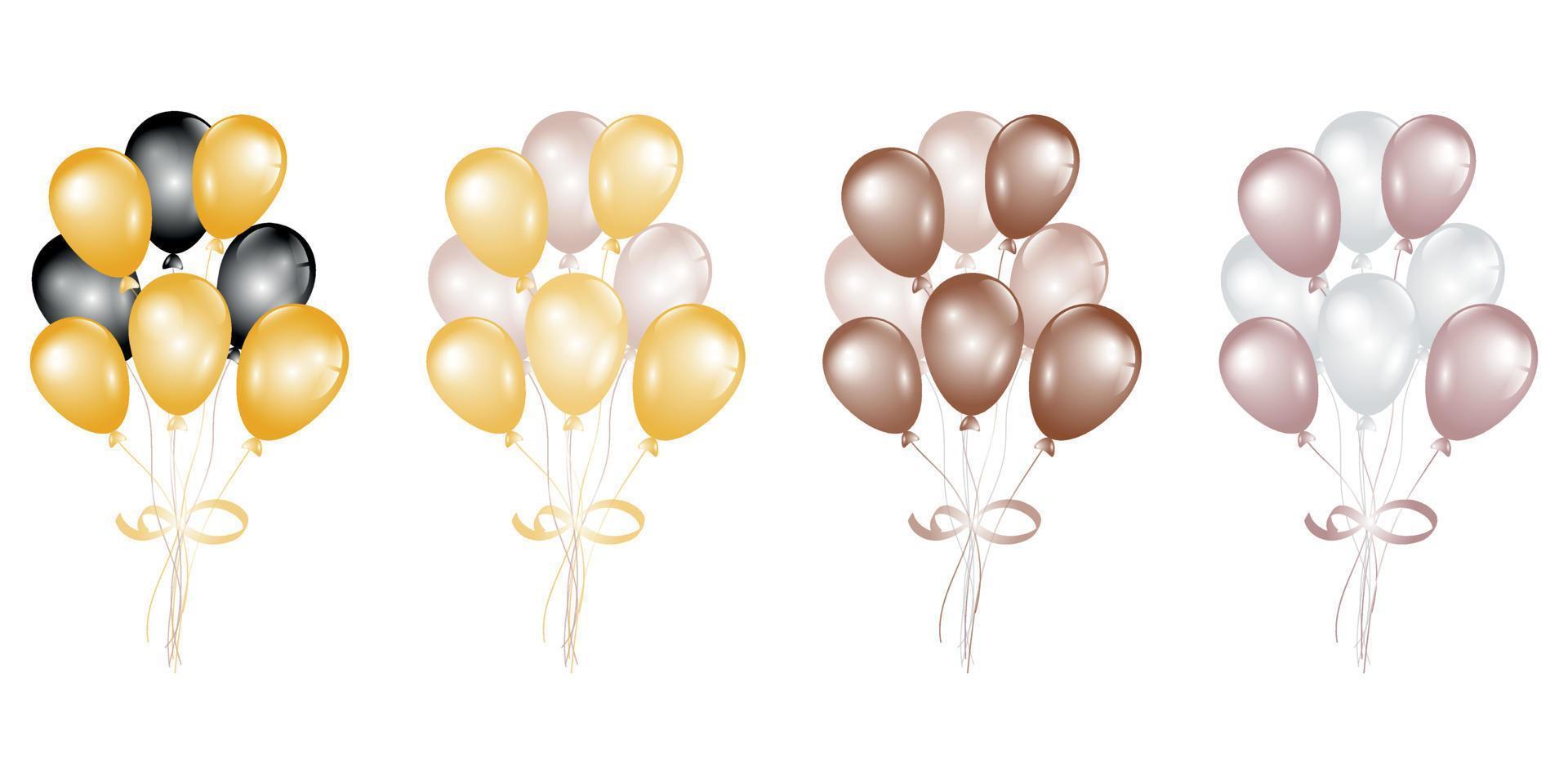 Colored Balloons 3D bunch set, thread, isolated white background. Color glossy flying balloon, ribbon, birthday celebrate, surprise. Helium balloon gift. Realistic shape vector