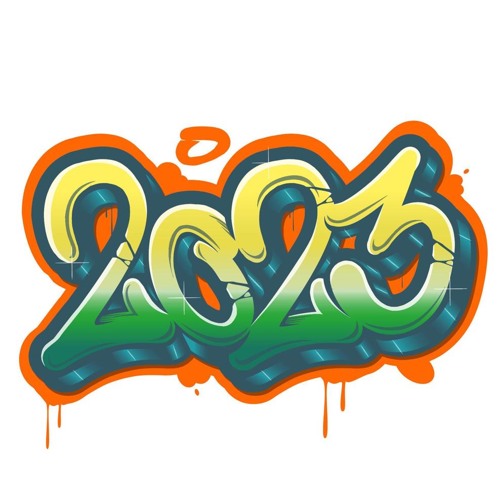 Sprayed 2023 graffiti tag with full color overspray on white