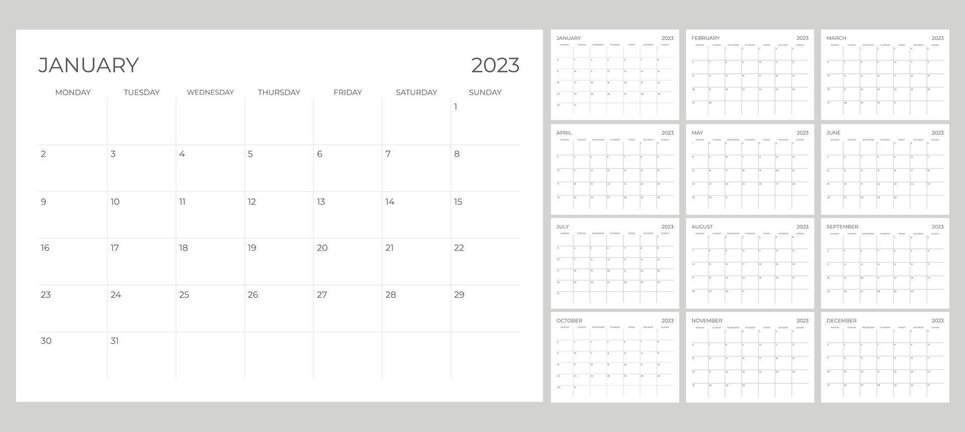 calendario 2023 imprimible a partir del lunes vector