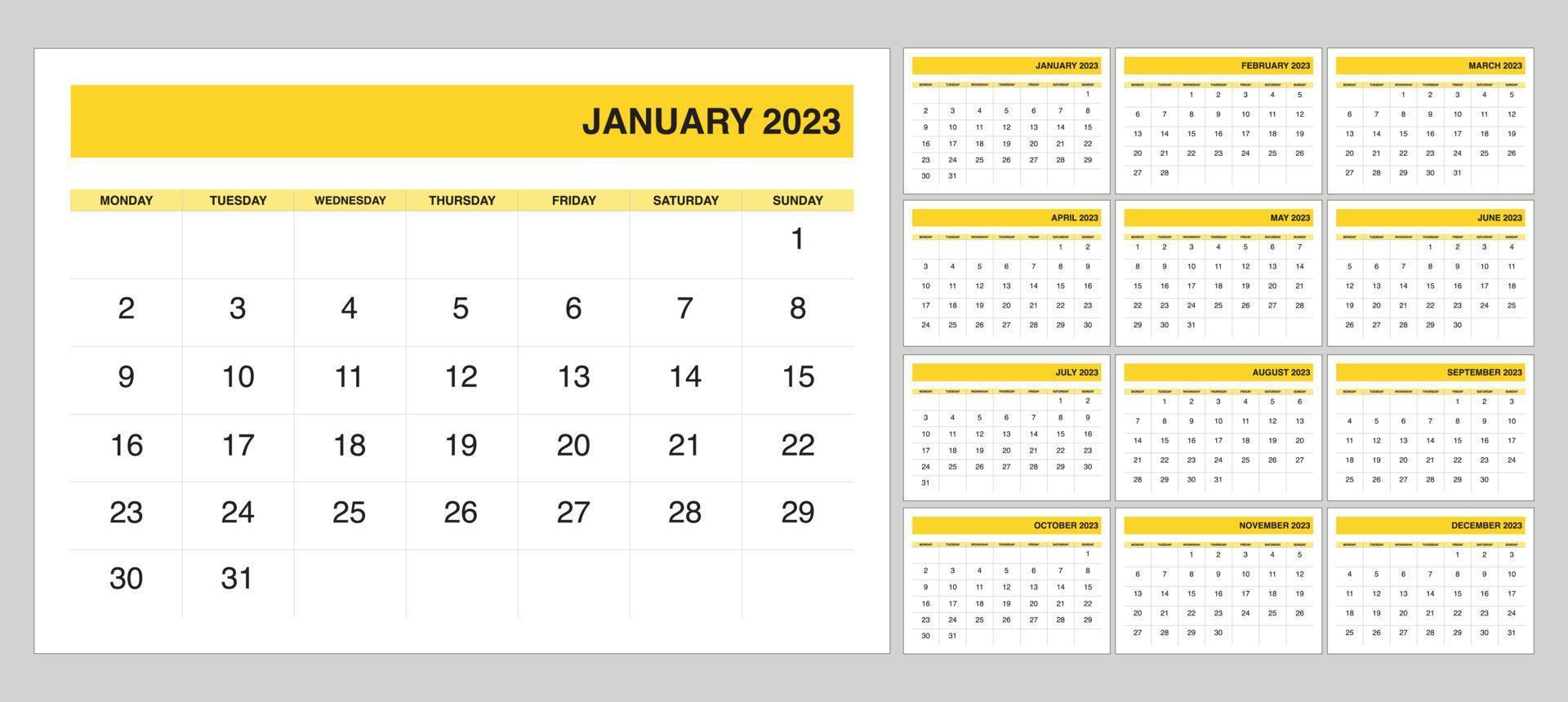 El calendario 2023 comienza a partir del lunes. vector