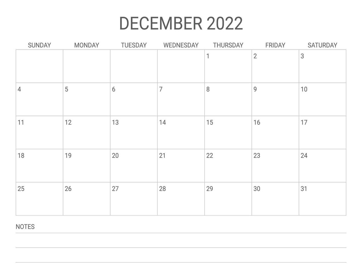 December 2022 simple landscape calendar vector