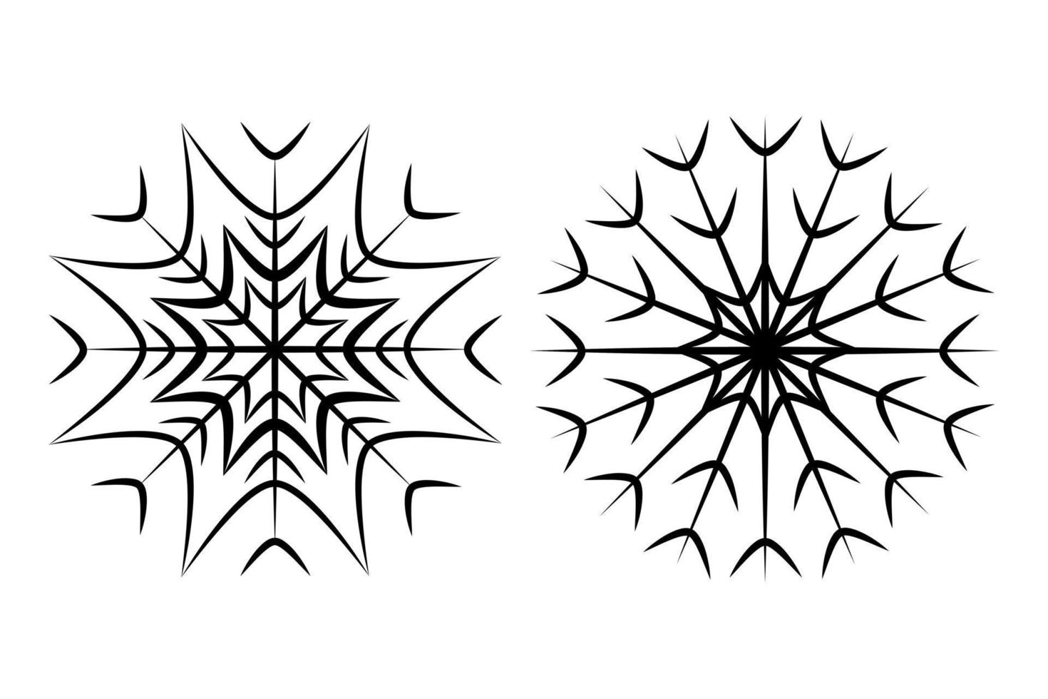 Set of two images from contour drawing of a carved snowflake in minimalist style. Line art. Isolate vector