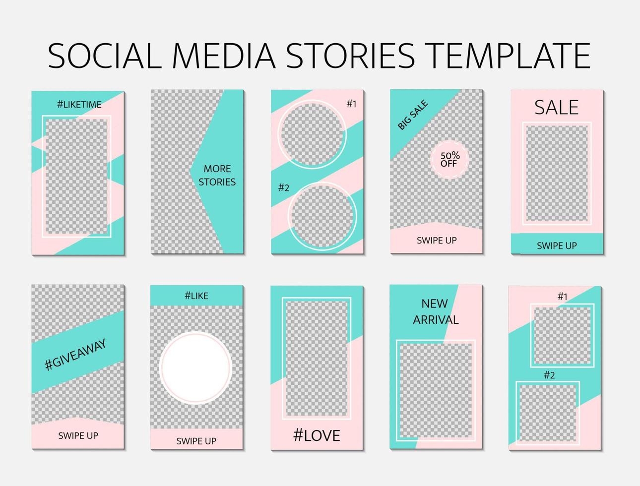 Social media stories template. Set of 10 story layout for bloggers and SMM. Mint green and pink pastel color palette. Editable web banners for mobile application. vector