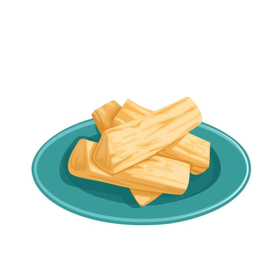 Vector illustration, fried cassava served on a plate, isolated on a white background.