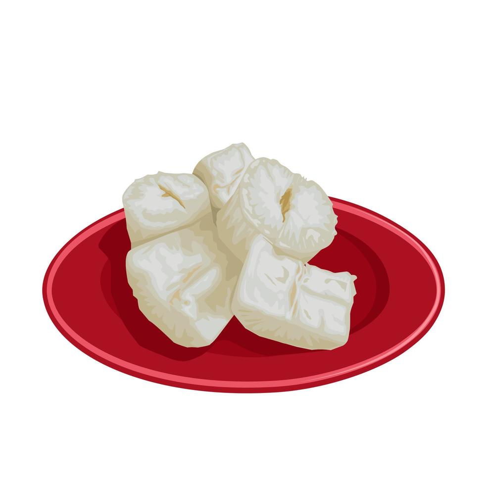 Vector illustration, boiled cassava served on a red plate, isolated on a white background.