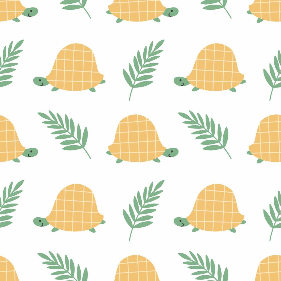 Cute turtle. Green tropical branch. Seamless pattern for sewing children's clothing. African background in nursery. Jungles. Printing on fabric and packaging. vector
