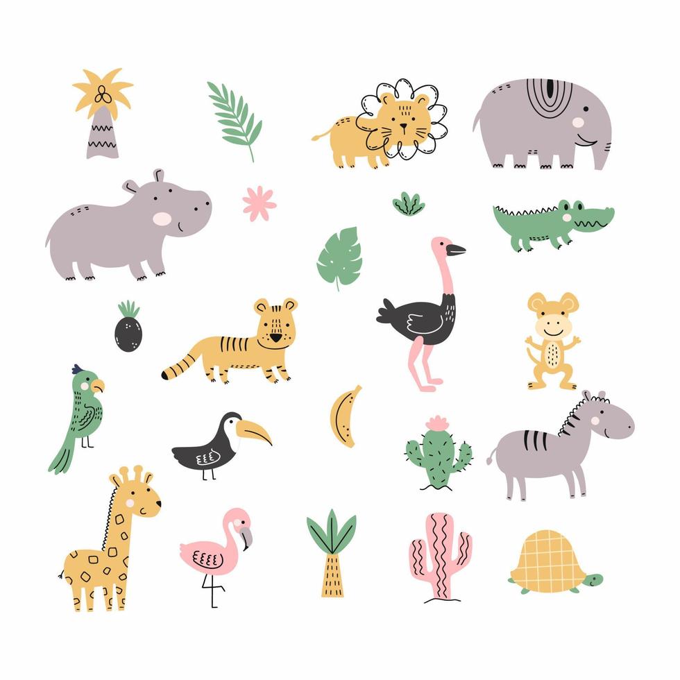 African animals. Set of doodle elements. Stickers for nursery. Inhabitants savannah. vector