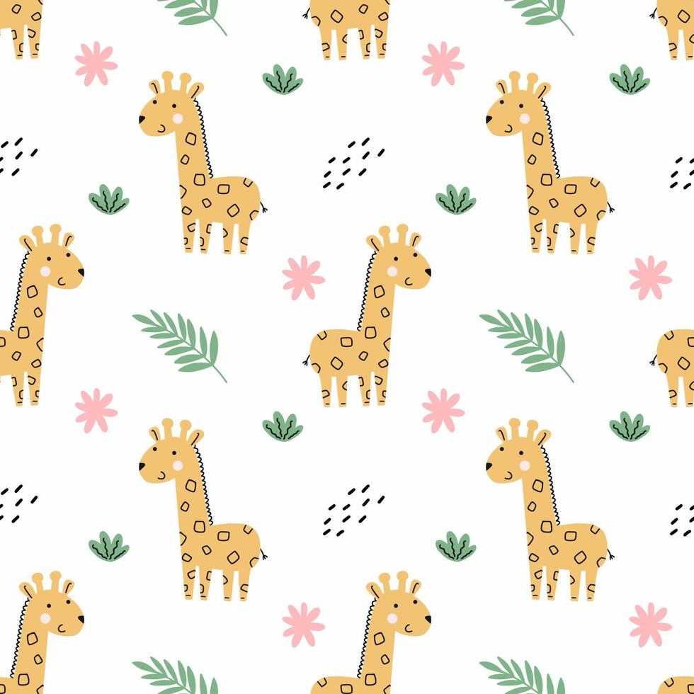 Cute giraffe . Green tropical branch. Seamless pattern for sewing children's clothing. African background in nursery. Jungles. Printing on fabric and packaging. vector