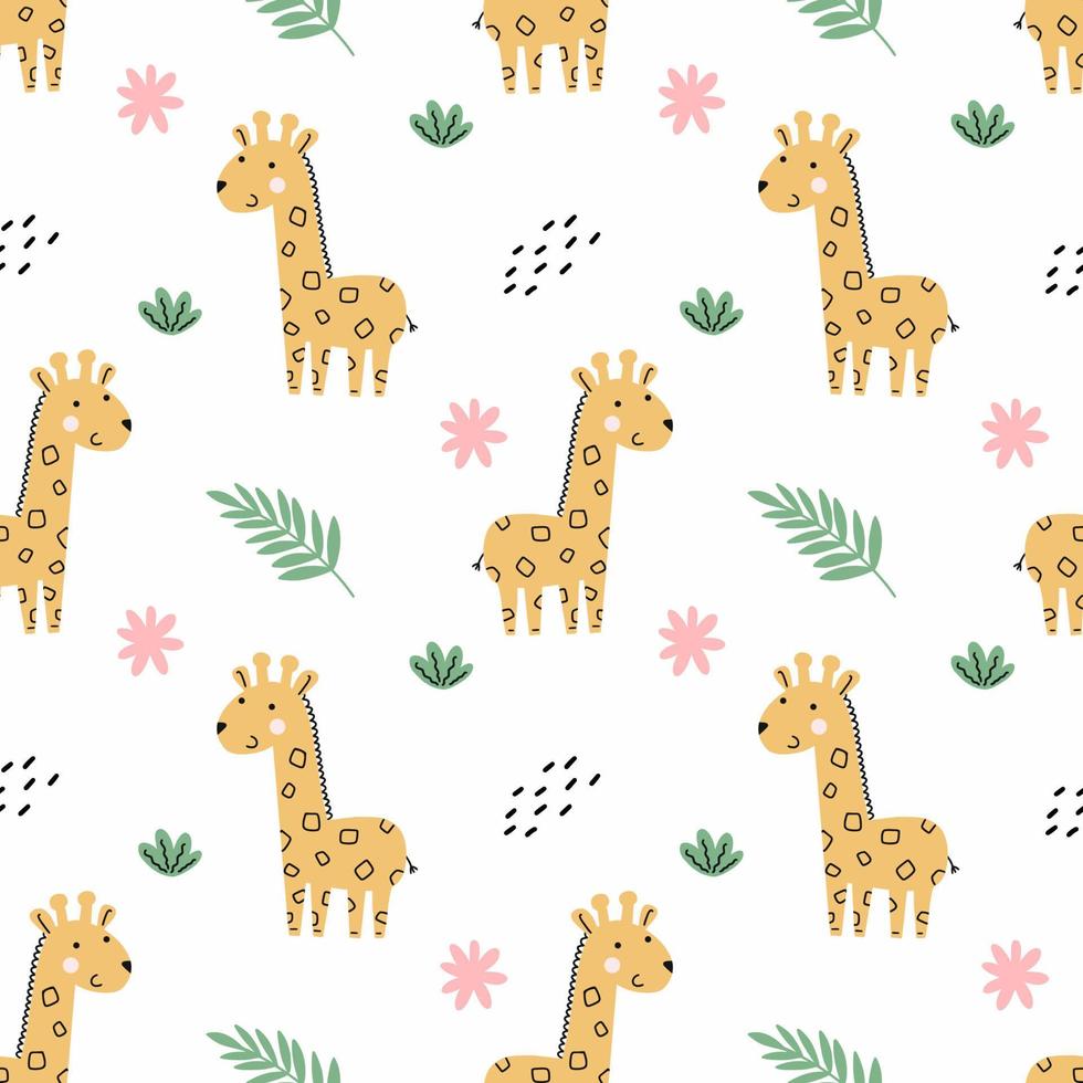 Cute giraffe . Green tropical branch. Seamless pattern for sewing children's clothing. African background in nursery. Jungles. Printing on fabric and packaging. vector