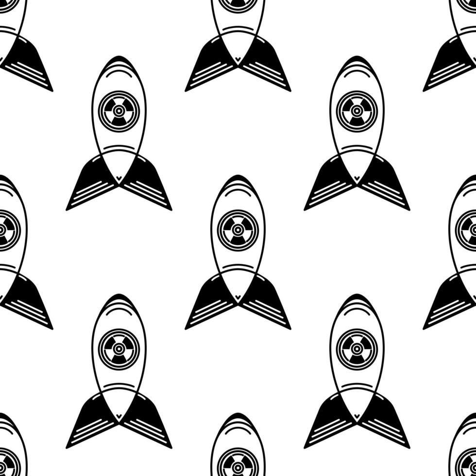 Nuclear bomb seamless vector pattern. Dangerous military missile. Atomic, hydrogen, radioactive weapons of mass destruction. A simple black outline of the rocket. Background for wallpapers, prints