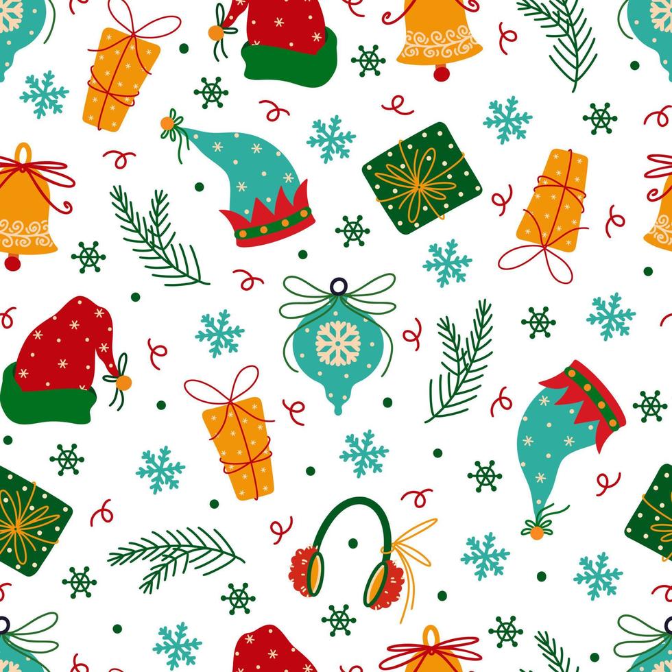 patrón de vector transparente de Navidad. símbolos de año nuevo: regalos brillantes, cascabeles, copos de nieve, juguetes, sombreros de elfos ayudantes de santa claus. fondo plano de dibujos animados para papel tapiz, impresiones, carteles, tarjetas