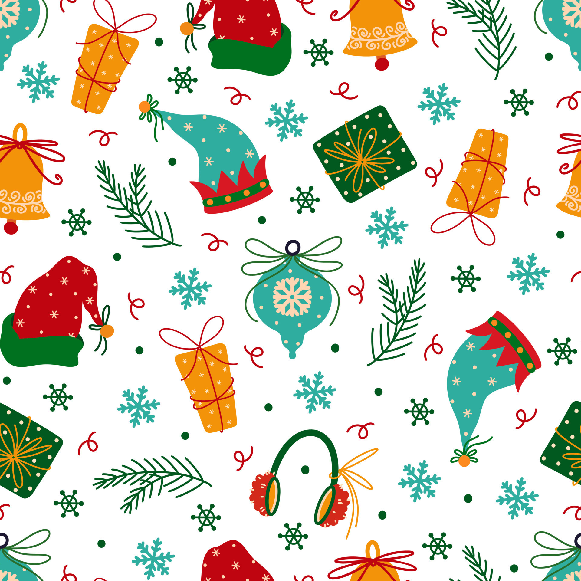 Christmas seamless vector pattern. New Year symbols - bright gifts, jingle bells, snowflakes, toys, hats of elves helpers of Santa Claus. Flat cartoon background for wallpaper, prints, posters, cards 14066584 Vector Art Christmas seamless vector pattern. New Year symbols - bright gifts, jingle bells, snowflakes, toys, hats of elves helpers of Santa Claus. Flat cartoon background for wallpaper, prints, posters, cards 14066584 Vector Art