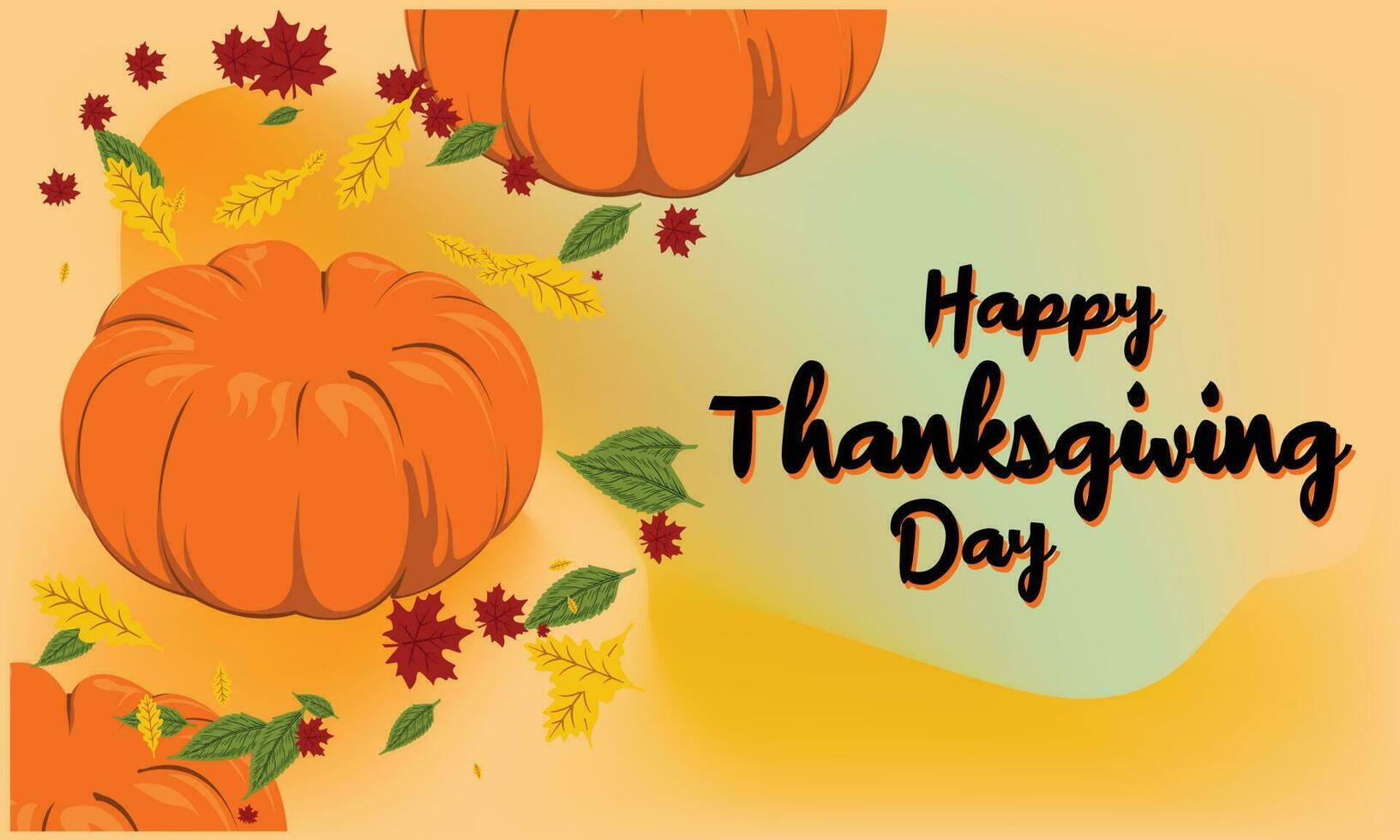 Happy Thanksgiving Day with handrawn lettering, maple, pear, apple, pumpkin in left and gradient mesh background. Editable. For Poster, Banner, Card Invitation, Social Media vector