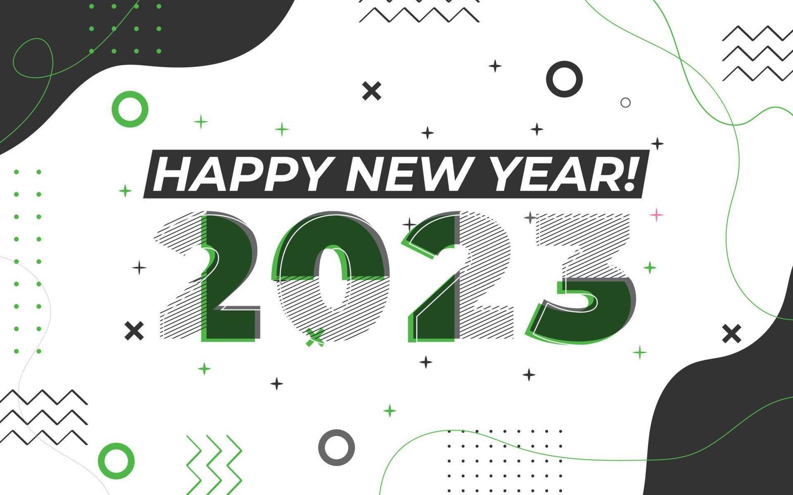 Happy new year 2023 greeting card template, Trendy typography with geometric hipster pattern in Memphis style, 2023 logo background, Applicable for banner, calendar, invitation, flyer, social media vector