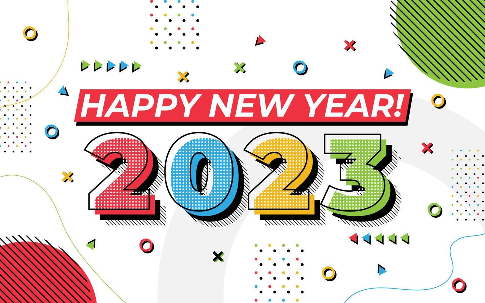 Happy new year 2023 greeting card template, Trendy typography with geometric hipster pattern in Memphis style, 2023 logo background, Applicable for banner, calendar, invitation, flyer, social media vector