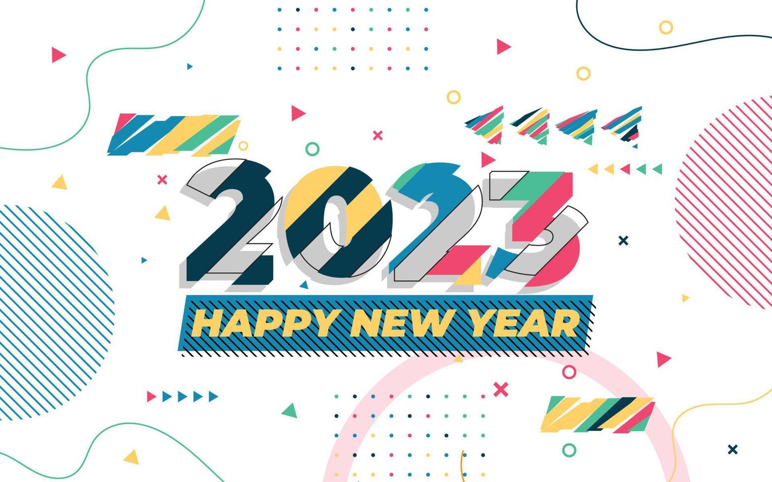 plantilla de tarjeta de felicitación de feliz año nuevo 2023, tipografía de moda con patrón geométrico hipster en estilo memphis, fondo de logotipo 2023, aplicable para banner, calendario, invitación, volante, medios sociales vector