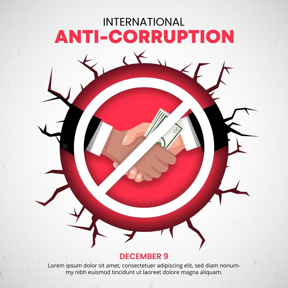 International anti corruption day background with cracked wall and a shaking hand of deal vector