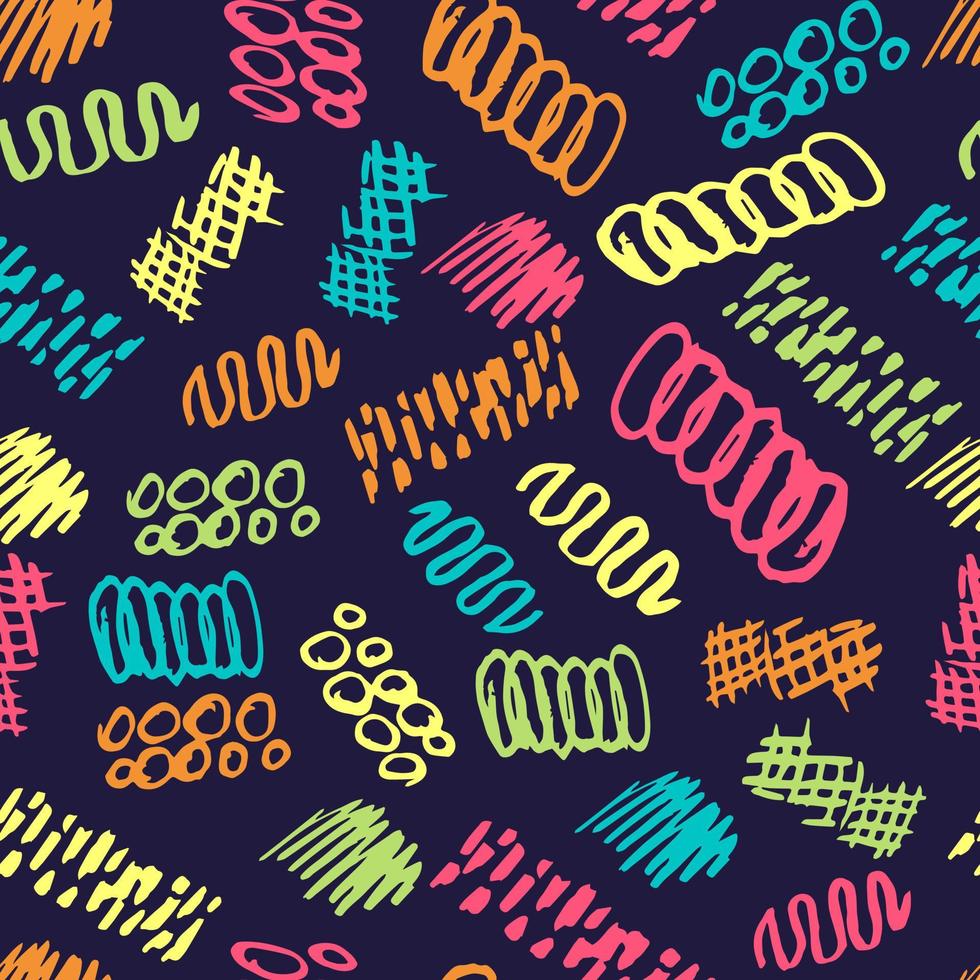 Bright abstract vector seamless doodle pattern. Yellow, pink, blue, green strokes, curves on a dark blue background. For prints of fabric, packaging, textile products.