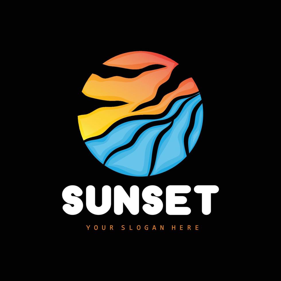 logotipo de puesta de sol, diseño de playa, ilustración de río y sol, vector disfrutando del crepúsculo