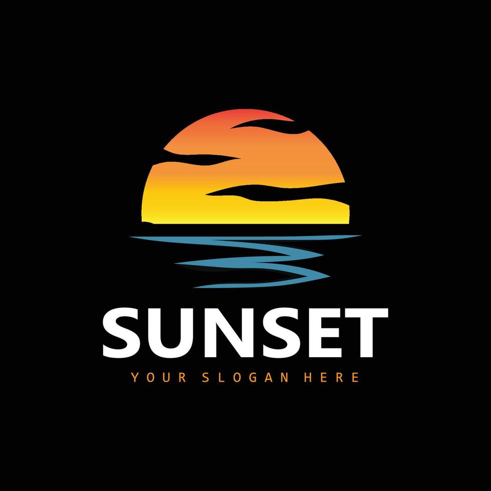 logotipo de puesta de sol, diseño de playa, ilustración de río y sol, vector disfrutando del crepúsculo