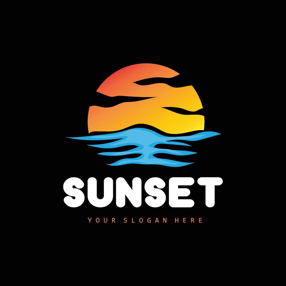 logotipo de puesta de sol, diseño de playa, ilustración de río y sol, vector disfrutando del crepúsculo